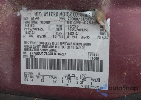 1999 Ford Expedition Eddie Bauer/Xlt from USA, damaged, VIN 1FMRU17L3XLB10627